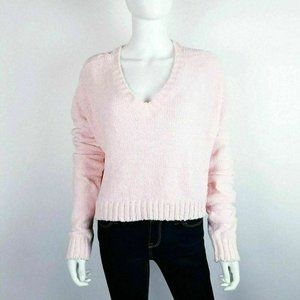 Make + Model Pink Fuzzy Ribbed Knit Cropped V-Neck Slouchy Sweater Size M